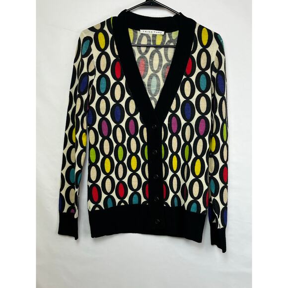 Trina Turk Women's XS Black/White 100% Merino Wool Button Front Cardigan - Picture 1 of 7